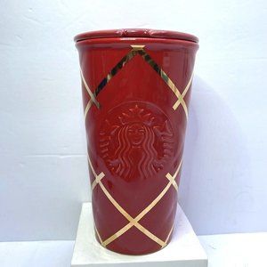 Starbucks 2016 Double Wall Red Gold Quilted Siren Travel Tumbler Cup Ceramic Lid